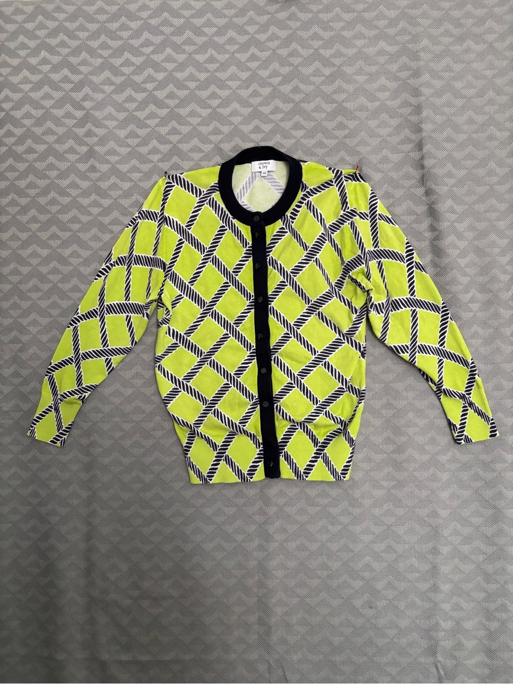 crown & ivy Neon Yellow and Navy Patterned Button-Up Cotton Blend Sweater XS
